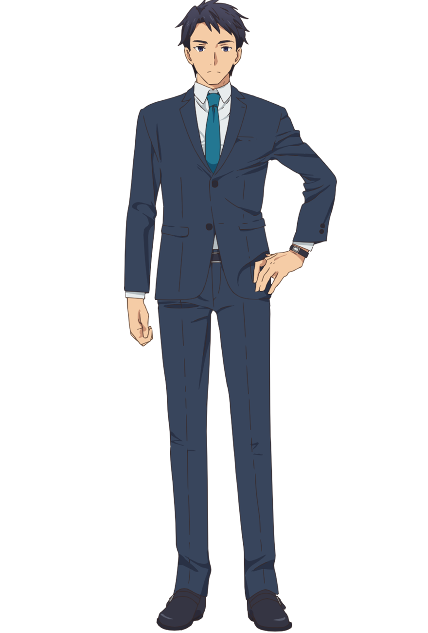tsunako, mikami tetsuya, engage kiss, highres, official art, 1boy, anime coloring, aqua necktie, belt, black belt, black hair, black shoes, blue jacket, blue pants, blue suit, closed mouth, collared shirt, dress shoes, formal clothes, full body, hand on own hip, jacket, looking at viewer, necktie, pants, shirt, shoes, short hair, simple background, solo, standing, suit, suit jacket, transparent background, watch, white shirt, wristwatch