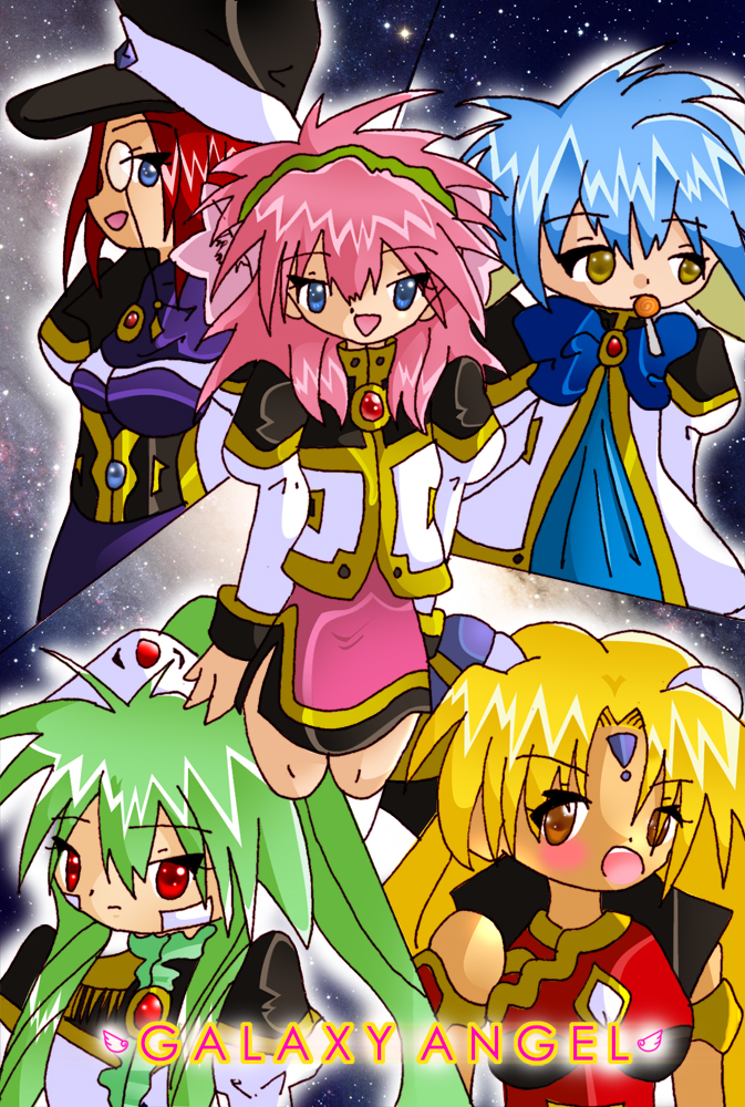 forte stollen, milfeulle sakuraba, mint blancmanche, ranpha franboise, vanilla h, galaxy angel, 00s, 5girls, blonde hair, blue eyes, blue hair, blush, brown eyes, copyright name, green hair, long hair, looking at viewer, monocle, multiple girls, open mouth, pink hair, poorly drawn, red eyes, red hair, short hair, space, star (sky)