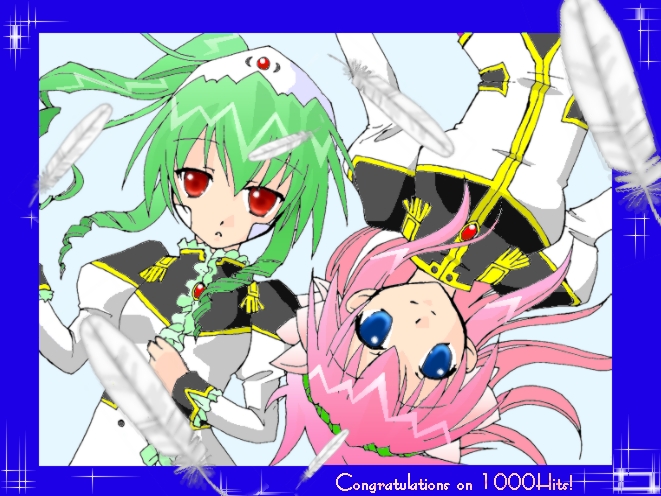 milfeulle sakuraba, vanilla h, galaxy angel, 00s, 2girls, blue eyes, green hair, long hair, looking at viewer, multiple girls, pink hair, red eyes