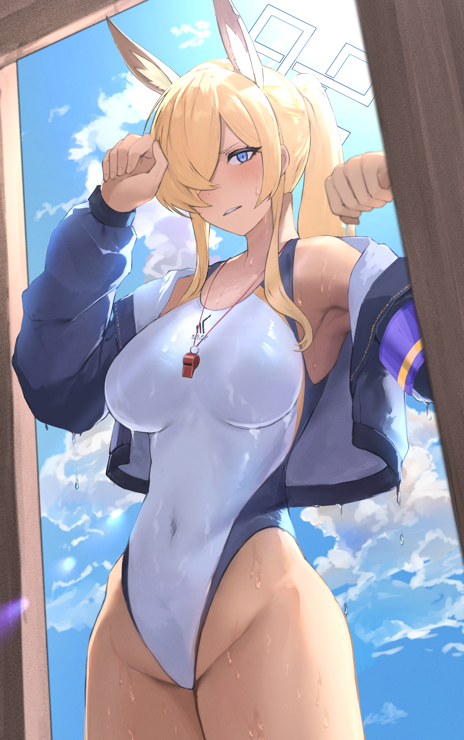 oribito (dnwd3782), kanna (blue archive), kanna (swimsuit) (blue archive), blue archive, absurdres, highres, 1girl, animal ear fluff, animal ears, armpits, bare shoulders, blonde hair, blue eyes, blue halo, blue jacket, breasts, covered navel, cropped jacket, dog ears, dog girl, extra ears, hair over one eye, halo, highleg, highleg one-piece swimsuit, jacket, large breasts, long hair, looking at viewer, one-piece swimsuit, parted lips, ponytail, sidelocks, solo, swimsuit, wet, white one-piece swimsuit