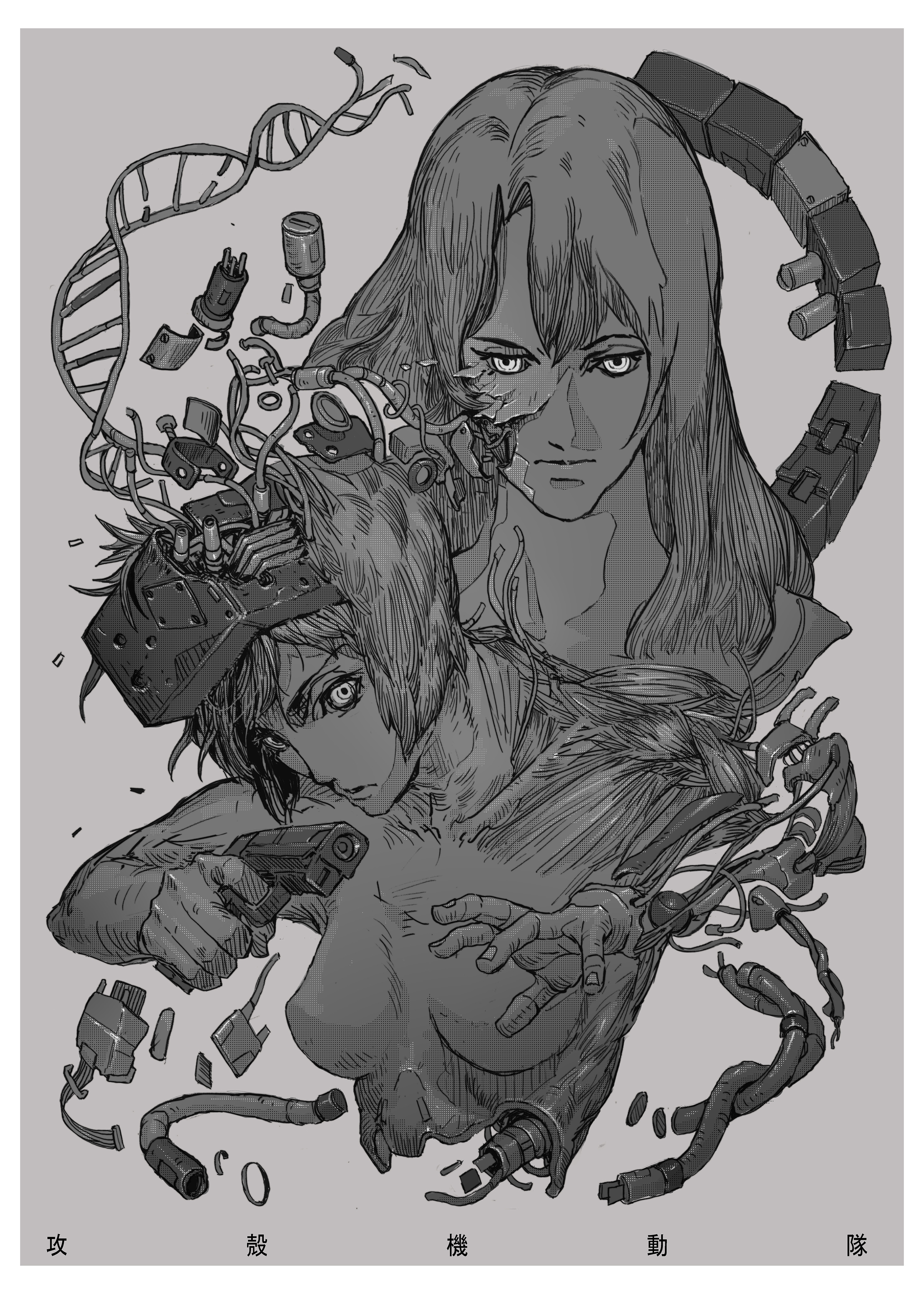 ching yeh, kusanagi motoko, project 2501, ghost in the shell, absurdres, highres, 2girls, dna, double helix, exposed muscle, finger on trigger, grey background, greyscale, gun, handgun, head-mounted display, holding, holding gun, holding weapon, long hair, looking at viewer, medium hair, monochrome, multiple girls, weapon, wire