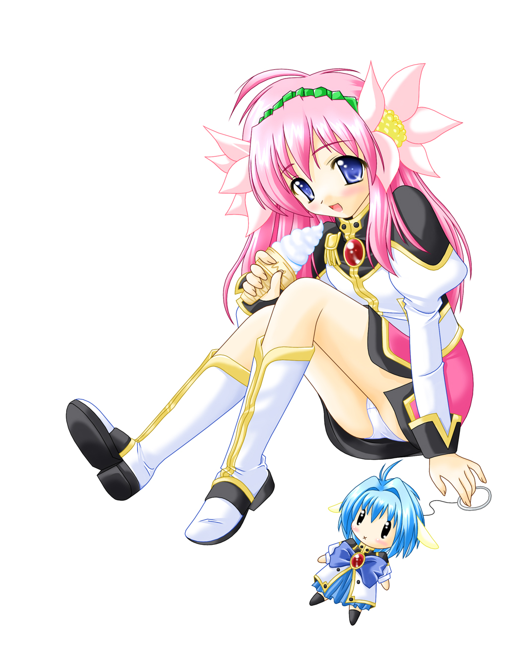 milfeulle sakuraba, mint blancmanche, galaxy angel, highres, 00s, 1girl, animal ears, blue eyes, blue hair, blush, character doll, doll, female focus, food, ice cream, looking at viewer, matching hair/eyes, panties, pantyshot, pink hair, puffy sleeves, short hair, skirt, smile, solo, underwear, white panties, yellow eyes