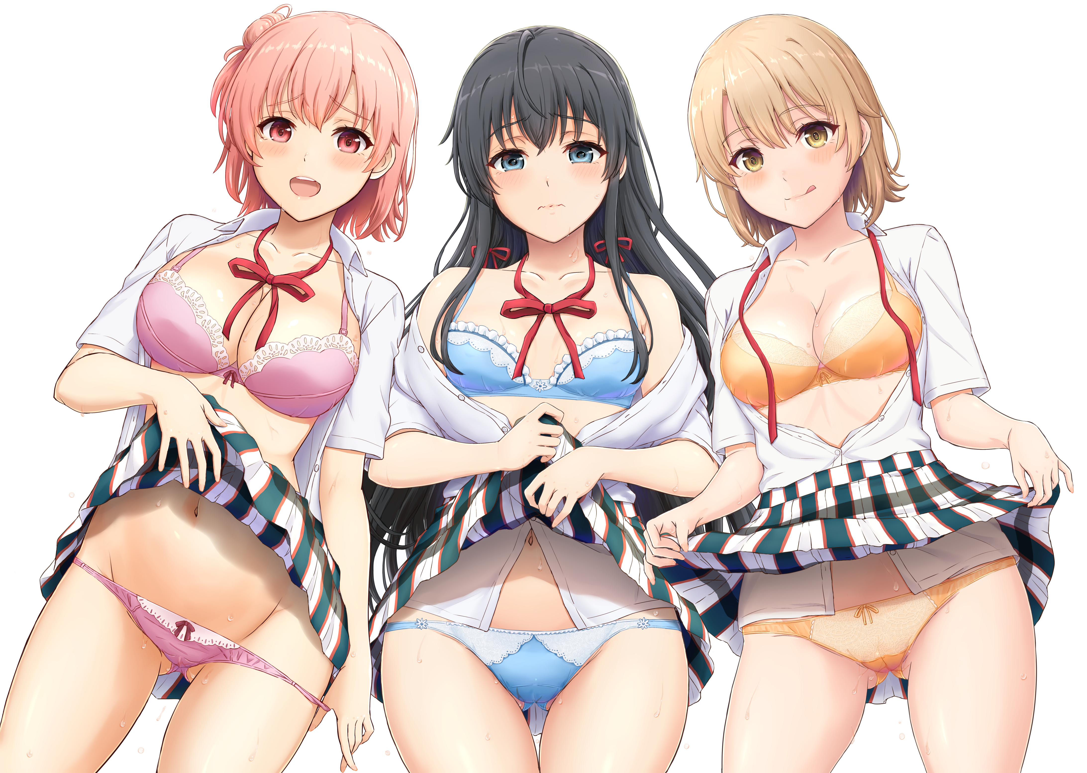 inanaki shiki, isshiki iroha, yuigahama yui, yukinoshita yukino, yahari ore no seishun lovecome wa machigatteiru., absurdres, commentary request, highres, 3girls, :q, black hair, blue bra, blue eyes, blue panties, blush, bra, breasts, brown hair, clothes lift, collarbone, gluteal fold, groin, large breasts, lifting own clothes, long hair, looking at viewer, medium breasts, multiple girls, navel, neck ribbon, open clothes, open mouth, open shirt, orange bra, orange panties, panties, panty pull, pink bra, pink hair, pink panties, plaid clothes, plaid skirt, pulling own clothes, raised eyebrows, red eyes, ribbon, school uniform, shirt, short hair, shy, simple background, skirt, skirt lift, small breasts, sobu high school uniform, summer uniform, sweat, thigh gap, thighs, tongue, tongue out, underwear, very long hair, wavy mouth, wet, white background, white shirt, window, yellow eyes