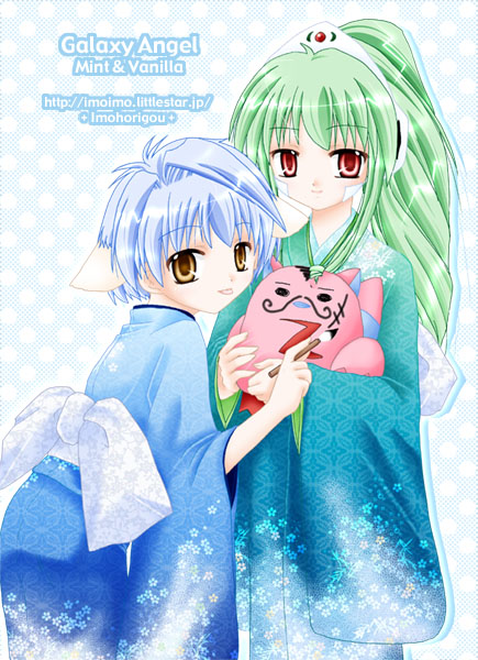 mint blancmanche, normad, vanilla h, galaxy angel, 00s, 2girls, :p, animal ears, blue hair, brown eyes, character name, copyright name, facepaint, green hair, high ponytail, long hair, looking at viewer, looking back, multiple girls, ponytail, red eyes, short hair, smile, tongue, tongue out