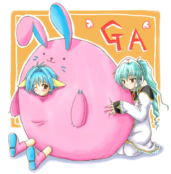 mint blancmanche, vanilla h, galaxy angel, 00s, 2girls, animal costume, blue hair, blush, brown eyes, green hair, high ponytail, long hair, multiple girls, one eye closed, ponytail, red eyes