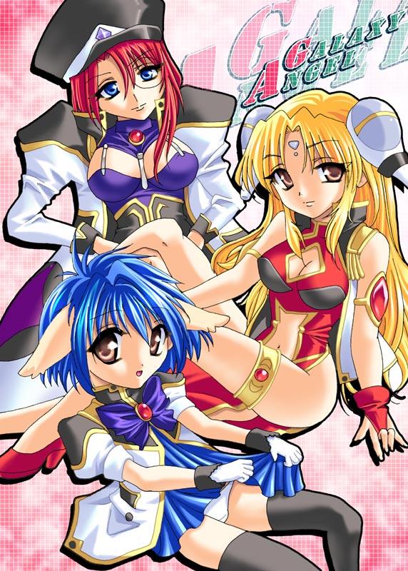 forte stollen, mint blancmanche, ranpha franboise, galaxy angel, 00s, 3girls, animal ears, blonde hair, blue eyes, blue hair, breasts, brown eyes, cleavage, cleavage cutout, clothes lift, clothing cutout, copyright name, dress, dress lift, hat, head tilt, large breasts, long hair, monocle, multiple girls, panties, peaked cap, red hair, short hair, side slit, thighhighs, underwear