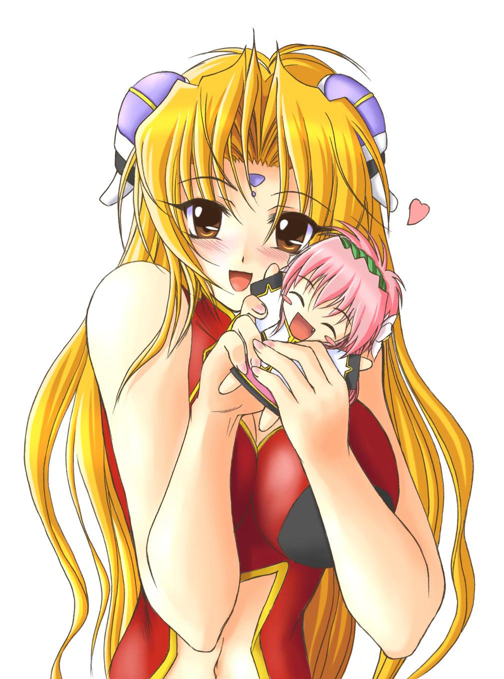 milfeulle sakuraba, ranpha franboise, galaxy angel, highres, tagme, 00s, 2girls, ^ ^, blonde hair, blush, blush stickers, breasts, brown eyes, character doll, cleavage cutout, closed eyes, clothing cutout, doll, dress, facial mark, forehead mark, hair ornament, hairclip, happy, heart, impossible clothes, large breasts, long hair, looking at viewer, mini person, minigirl, multiple girls, navel cutout, simple background, smile, white background