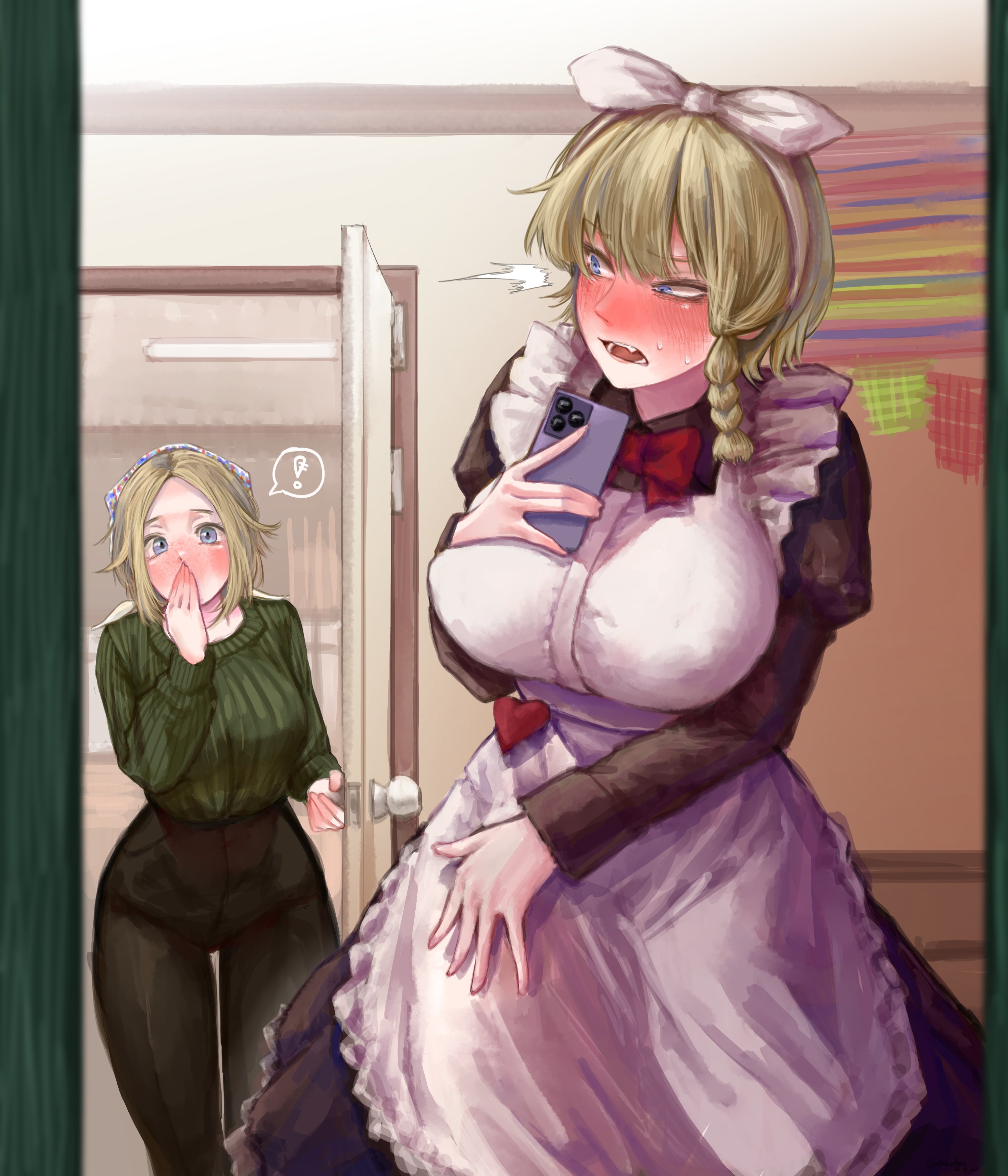 m4skedboi, original, absurdres, commission, highres, 2girls, apron, asymmetrical sidelocks, bikini, blonde hair, blue eyes, blunt bangs, blush, body freckles, bow, braid, breast freckles, breasts, brown pants, caught, cosplay, covered erect nipples, cowboy shot, embroidery, fang, freckles, green sweater, hair bow, hand on own chest, hand to own mouth, headscarf, holding, holding phone, indoors, interrupted, large breasts, long hair, looking back, maid, maid apron, maid headdress, messy hair, military fatigues, military uniform, mirror, mirror image, mirror selfie, multicolored bikini, multiple girls, myroslava bozhuk, olena bozhuk, opening, opening door, pants, phone, selfie, short hair, siblings, single braid, sisters, surprised, sweater, swimsuit, taking picture, thighs, turning head, white headscarf, wide hips