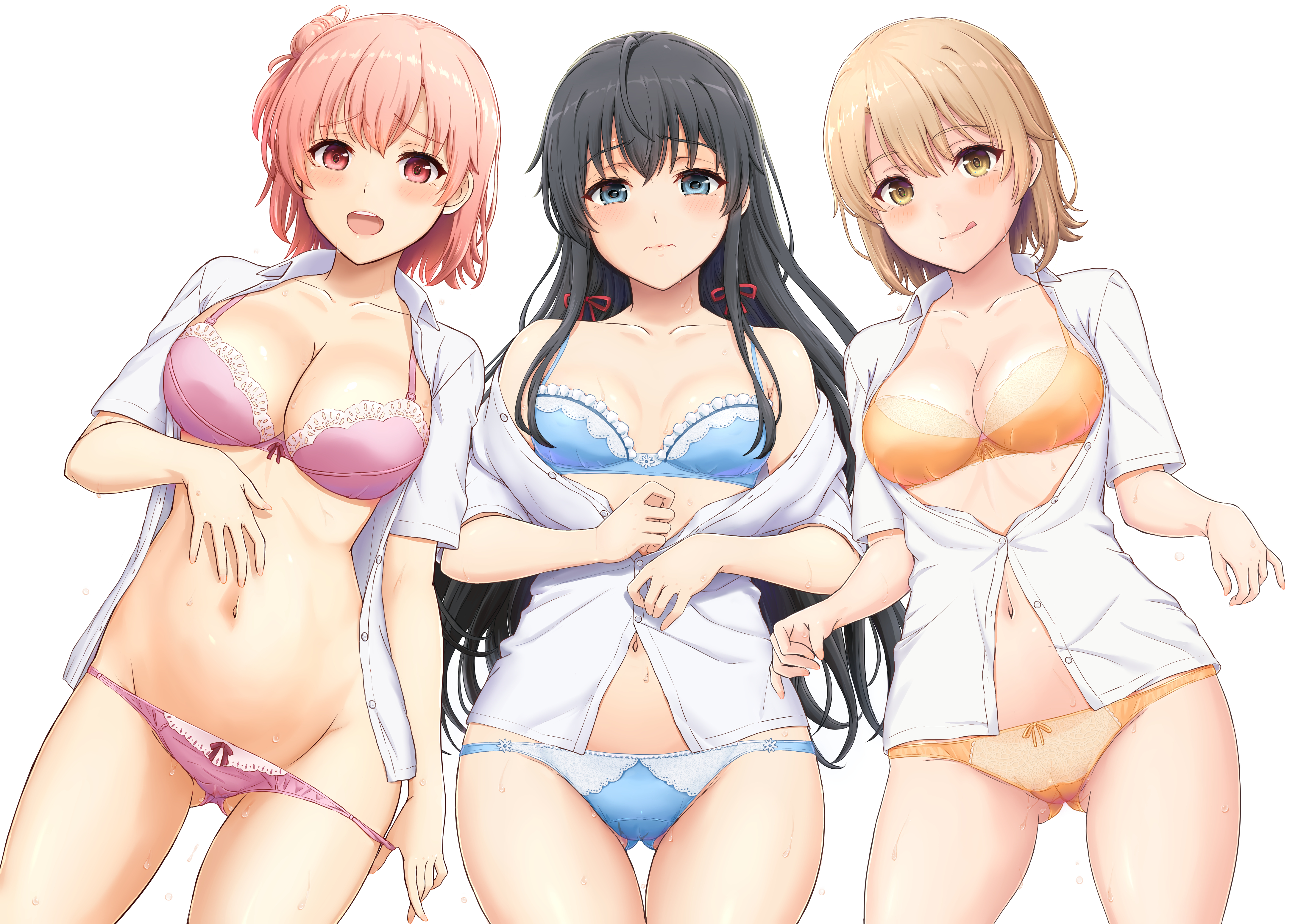 inanaki shiki, isshiki iroha, yuigahama yui, yukinoshita yukino, yahari ore no seishun lovecome wa machigatteiru., absurdres, commentary request, highres, 3girls, :q, black hair, blue bra, blue eyes, blue panties, blush, bra, breasts, brown hair, clothes lift, collarbone, cowboy shot, gluteal fold, groin, large breasts, lifting own clothes, long hair, looking at viewer, medium breasts, multiple girls, navel, no pants, open clothes, open mouth, open shirt, orange bra, orange panties, panties, panty pull, pink bra, pink hair, pink panties, pulling own clothes, raised eyebrows, red eyes, ribbon, school uniform, shirt, short hair, shy, simple background, small breasts, sobu high school uniform, summer uniform, sweat, thigh gap, thighs, tongue, tongue out, underwear, very long hair, wavy mouth, wet, white background, white shirt, window, yellow eyes