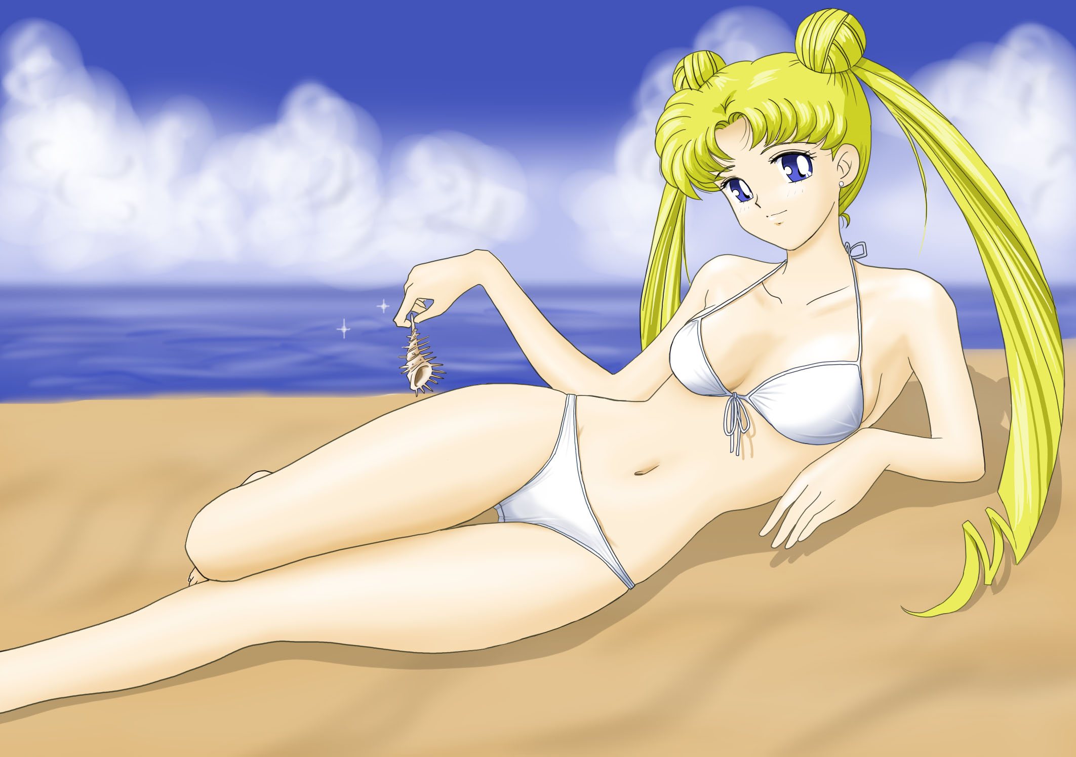mr. r (2ch's sailor moon thread), tsukino usagi, bishoujo senshi sailor moon, highres, 1990s (style), 1girl, beach, bikini, blonde hair, blue eyes, female focus, outdoors, sky, solo, swimsuit