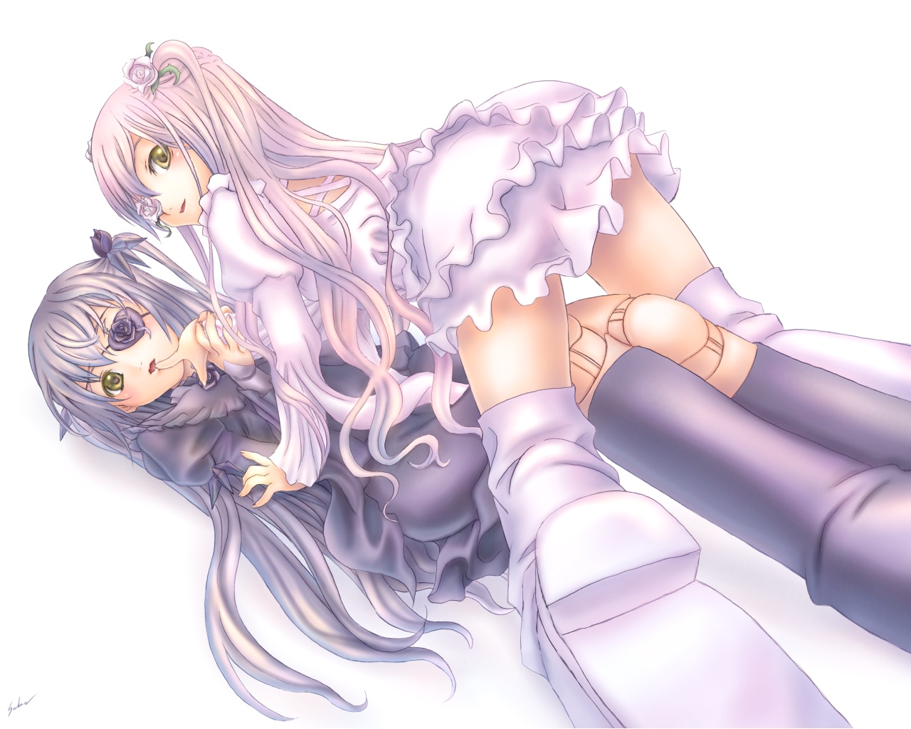 sabamu, barasuishou, kirakishou, rozen maiden, 00s, 2girls, ass, blush, boots, crystal, doll joints, eyepatch, flower, flower eyepatch, joints, lolita fashion, long hair, looking at viewer, multiple girls, open mouth, rose, smile, white hair, yellow eyes