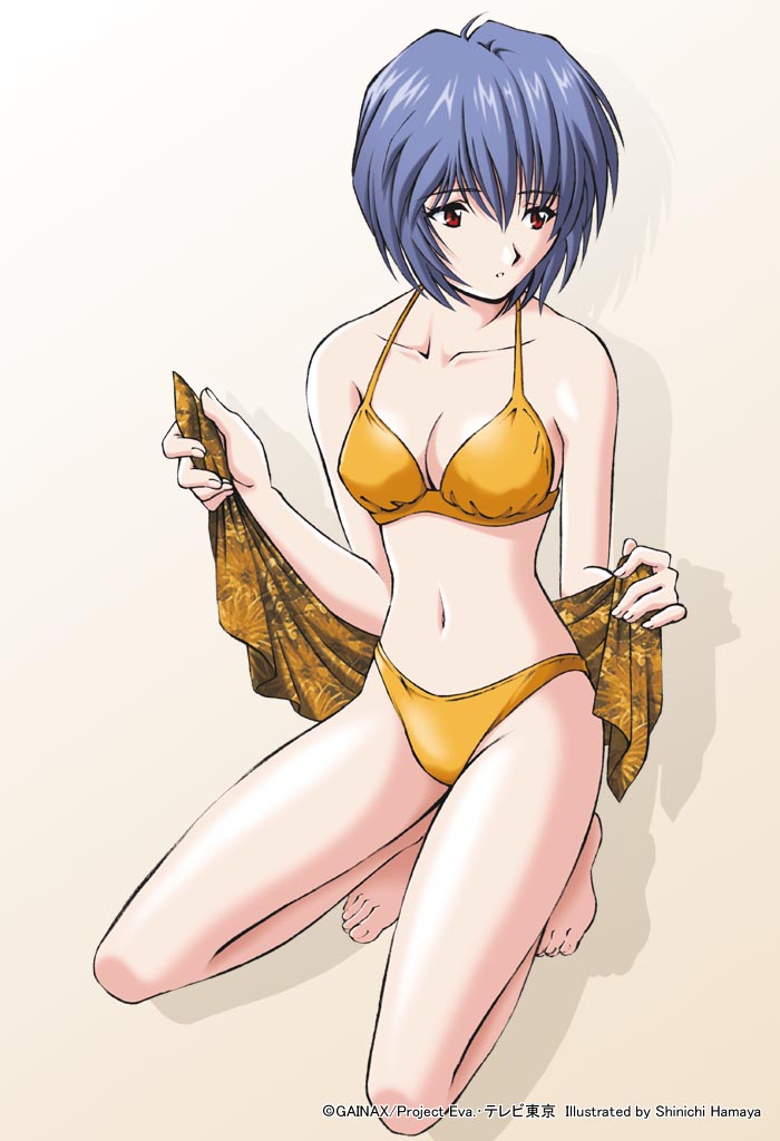 ayanami rei, neon genesis evangelion, bikini, blue hair, red eyes, swimsuit