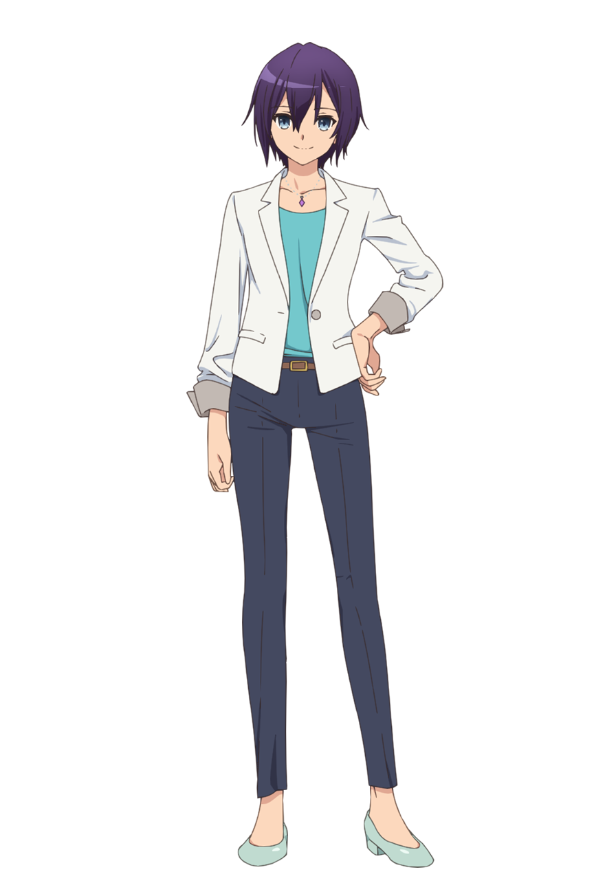 tsunako, hachisuka linhua, engage kiss, highres, official art, 1girl, anime coloring, belt, blue eyes, blue pants, blue shirt, bob cut, brown belt, closed mouth, collarbone, flats, full body, grey shoes, hair between eyes, hand on own hip, jacket, jewelry, looking at viewer, necklace, pants, purple hair, shirt, shoes, short hair, simple background, sleeves rolled up, smile, solo, standing, transparent background, white jacket