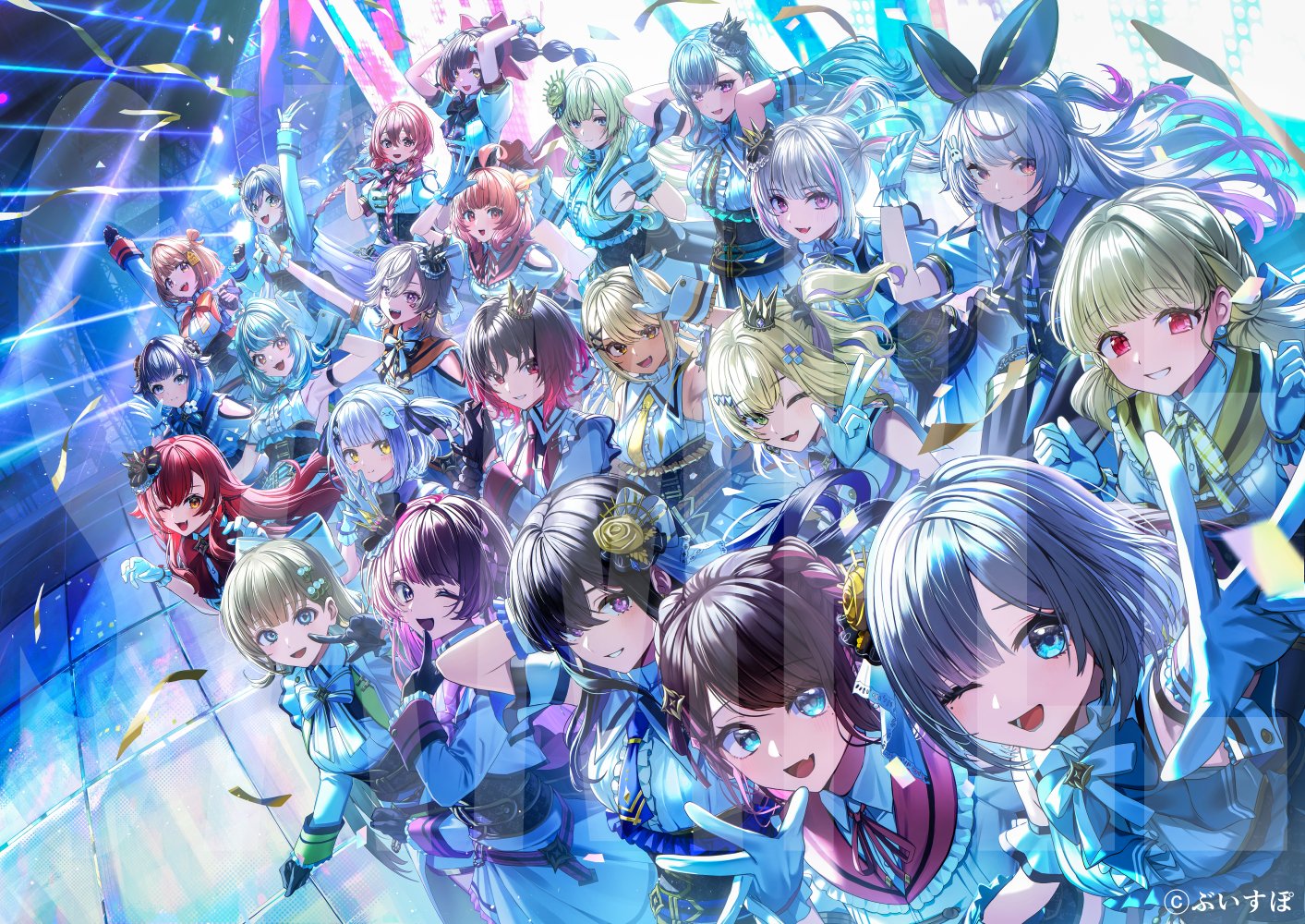 kagawa ichigo, aizawa ema, amayui moka, asumi sena, choya hanabi, hanabusa lisa, ichinose uruha, kaga nazuna, kaga sumire, kaminari qpi, kisaragi ren (vtuber), kogara toto, komori met, kurumi noah, nekota tsuna, sendo yuuhi, shinomiya runa, shiranami ramune, tachibana hinano, tosaki mimi, tsumugi kokage, yakumo beni, yano kuromu, yumeno akari, vspo!, official art, textless version, 6+girls, adjusting clothes, adjusting gloves, ahoge, aqua bow, aqua bowtie, aqua hair, arm behind head, arm up, armlet, armpits, arms behind head, bare shoulders, black bow, black bowtie, black gloves, black hair, black ribbon, blonde hair, blue bow, blue bowtie, blue eyes, blue hair, blue necktie, blunt bangs, blush, bodice, bow, bowtie, braid, brown hair, capelet, center frills, claw pose, clenched hand, closed mouth, clothing cutout, collar, collared shirt, company name, copyright name, copyright notice, crown, dark-skinned female, dark skin, double-parted bangs, double bun, earrings, everyone, facial mark, fang, finger to mouth, flower, frilled collar, frilled gloves, frilled shirt, frilled skirt, frills, ghost hair ornament, gloves, gradient hair, green eyes, green hair, green sleeve cuffs, grey eyes, grey hair, hair between eyes, hair bow, hair bun, hair flaps, hair flower, hair ornament, hair ribbon, hair rings, hairclip, hands up, idol clothes, index finger raised, jewelry, logo, long hair, long sleeves, low twin braids, mini crown, mole, mole under eye, monitor, multicolored hair, multiple girls, necktie, official alternate costume, one eye closed, open hand, open mouth, orange bow, orange bowtie, orange eyes, orange sailor collar, outstretched arm, outstretched hand, own hands together, pink bow, pink bowtie, pink eyes, pink hair, pink sailor collar, ponytail, purple bow, purple bowtie, purple eyes, purple hair, purple sailor collar, rabbit hair ornament, red bow, red bowtie, red eyes, red hair, red necktie, ribbon, rose, sailor collar, shirt, short hair, shoulder cutout, single hair ring, single hair streak, skin fang, skirt, sleeveless, sleeveless shirt, smile, split-color hair, stage, stage lights, streaked hair, swept bangs, triangle, triangle facial mark, twin braids, twintails, two-tone hair, two side up, v, virtual youtuber, w arms, white bow, white bowtie, white capelet, white gloves, white hair, white skirt, wrist cuffs, x hair ornament, yellow bow, yellow bowtie, yellow eyes, yellow flower, yellow necktie, yellow rose, yellow sailor collar