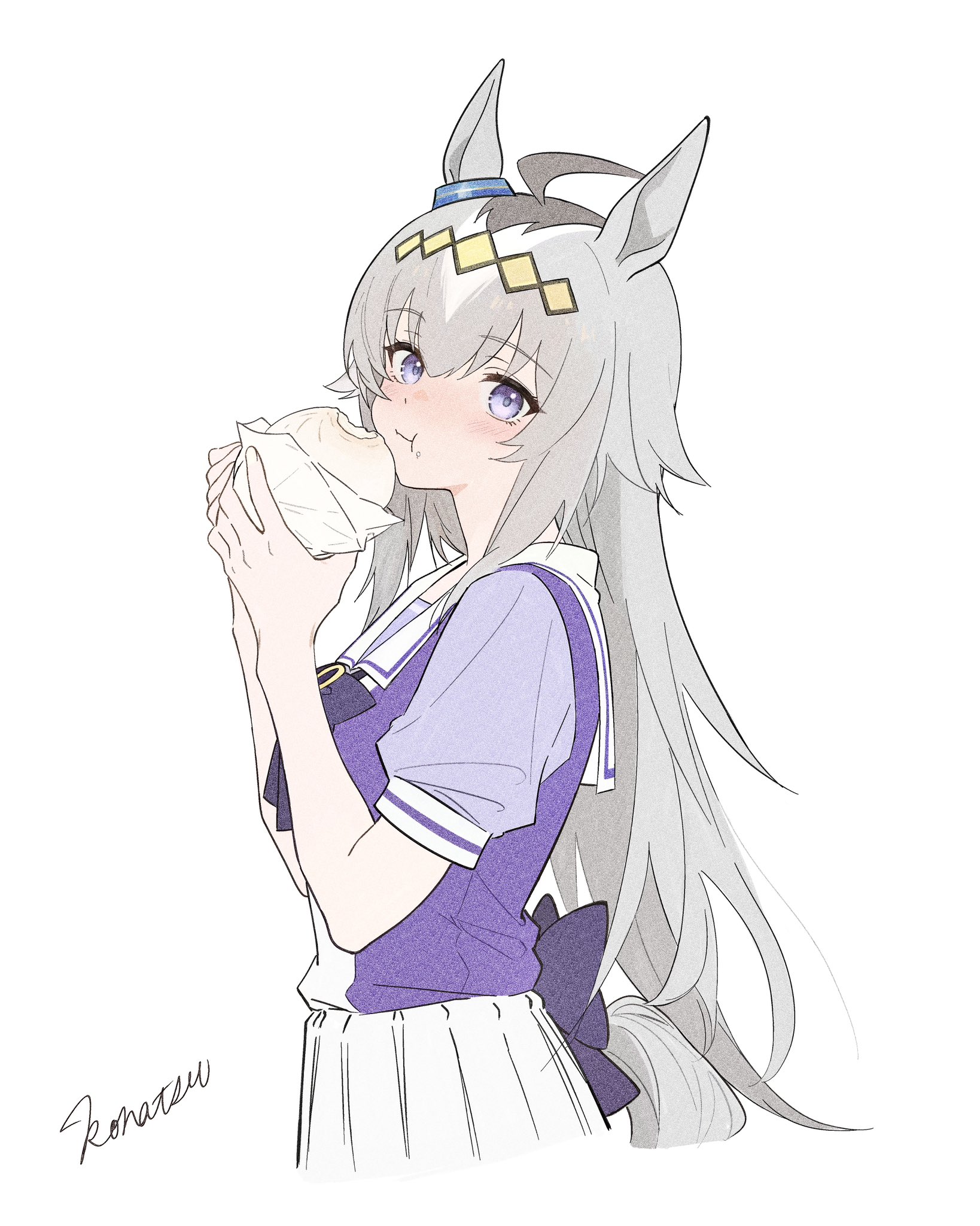oguri cap (umamusume), umamusume, highres, 1girl, animal ears, blush, closed mouth, embarrassed, food, from side, grey hair, hair between eyes, holding, holding food, horse ears, horse girl, horse tail, konatsu sunset2, long hair, purple eyes, purple shirt, sailor collar, school uniform, shirt, short sleeves, skirt, solo, steamed bun, tail, tracen school uniform, white sailor collar, white skirt