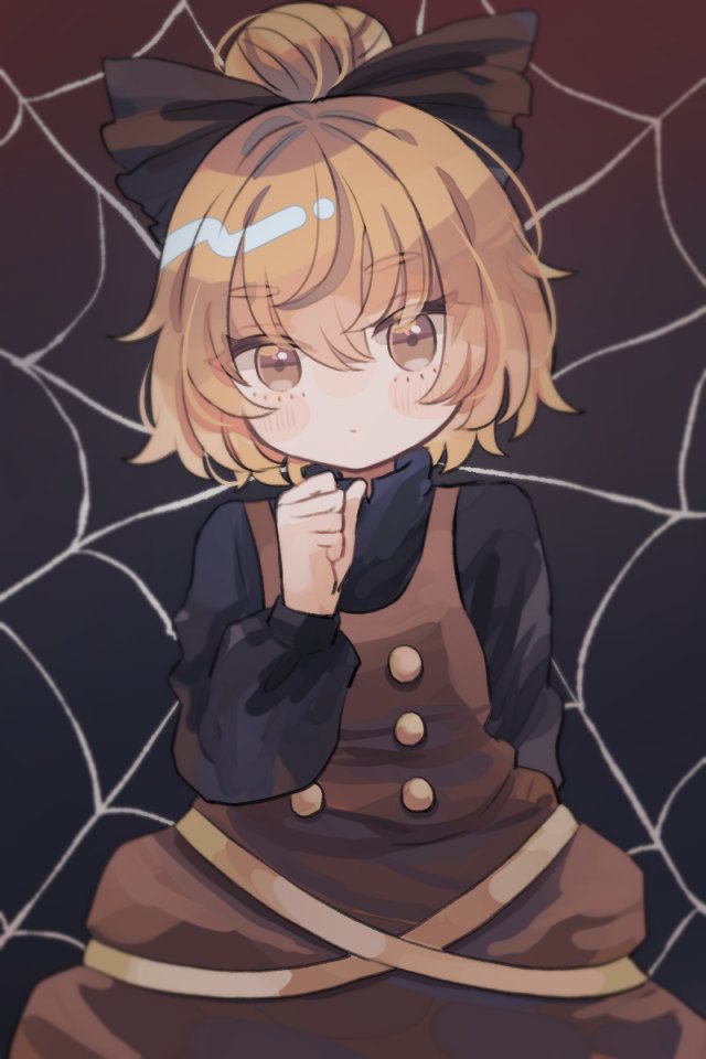 hiyuu (hiyualice), kurodani yamame, touhou, 1girl, black background, black dress, black shirt, blonde hair, bow, brown background, cowboy shot, dress, gradient background, hair bow, hair bun, long sleeves, looking at viewer, pinafore dress, shirt, short hair, silk, sleeveless, sleeveless dress, solo, spider web, yellow eyes