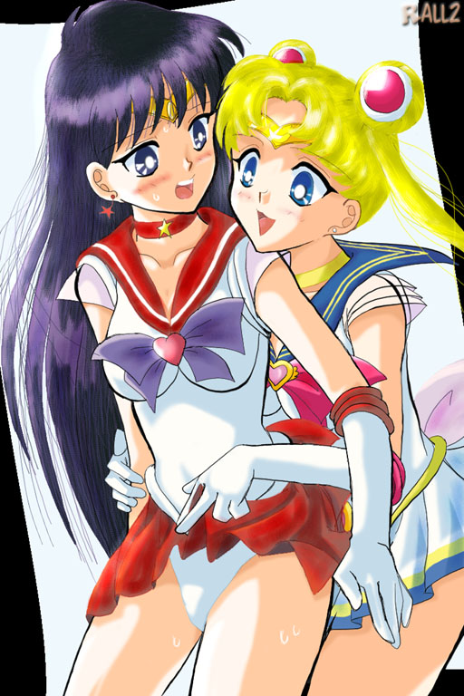 kou (rall2), hino rei, sailor mars, sailor moon, super sailor moon, tsukino usagi, bishoujo senshi sailor moon, bishoujo senshi sailor moon supers, 1990s (style), 2girls, :3, black hair, blonde hair, blue eyes, blue sailor collar, blush, bow, brooch, choker, clothes lift, double bun, earrings, elbow gloves, gloves, hair bun, heart, heart brooch, jewelry, long hair, magical girl, multicolored skirt, multiple girls, panties, red bow, red skirt, retro artstyle, sailor collar, school uniform, serafuku, skirt, skirt lift, sweat, tiara, twintails, underwear, white gloves, white panties, yuri