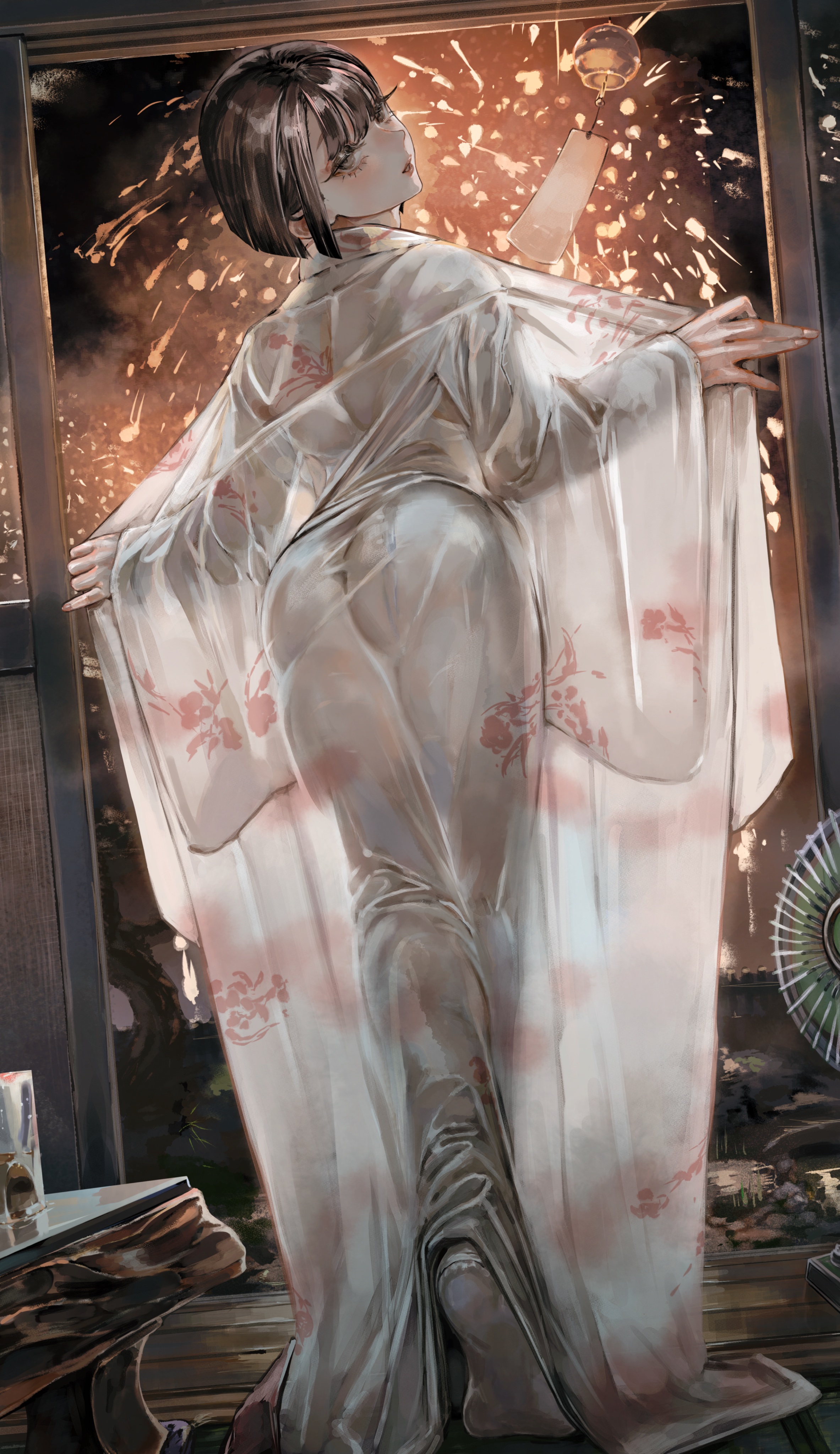 soleil (soleilmtfbwy03), original, absurdres, highres, 1girl, aerial fireworks, fireworks, floral print, from behind, japanese clothes, kimono, night, solo, tabi, thighhighs, undressing, white kimono, wind chime