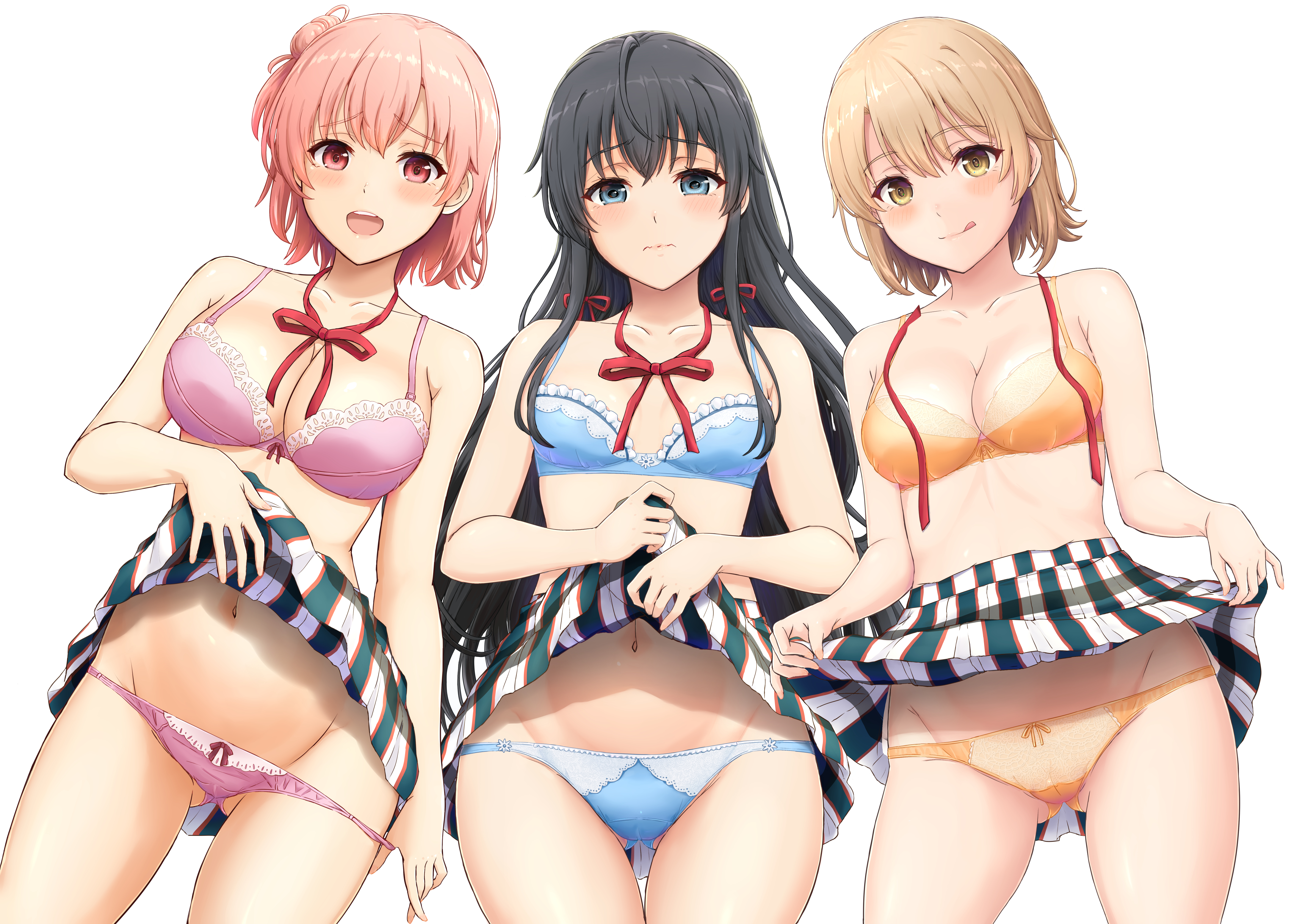 inanaki shiki, isshiki iroha, yuigahama yui, yukinoshita yukino, yahari ore no seishun lovecome wa machigatteiru., absurdres, commentary request, highres, 3girls, :q, black hair, blue bra, blue eyes, blue panties, blush, bra, breasts, brown hair, clothes lift, collarbone, cowboy shot, gluteal fold, groin, large breasts, lifting own clothes, long hair, looking at viewer, medium breasts, multiple girls, navel, neck ribbon, no shirt, open mouth, orange bra, orange panties, panties, panty pull, pink bra, pink hair, pink panties, plaid clothes, plaid skirt, pulling own clothes, raised eyebrows, red eyes, ribbon, school uniform, short hair, shy, simple background, skirt, skirt lift, small breasts, sobu high school uniform, summer uniform, thigh gap, thighs, tongue, tongue out, underwear, very long hair, wavy mouth, white background, window, yellow eyes