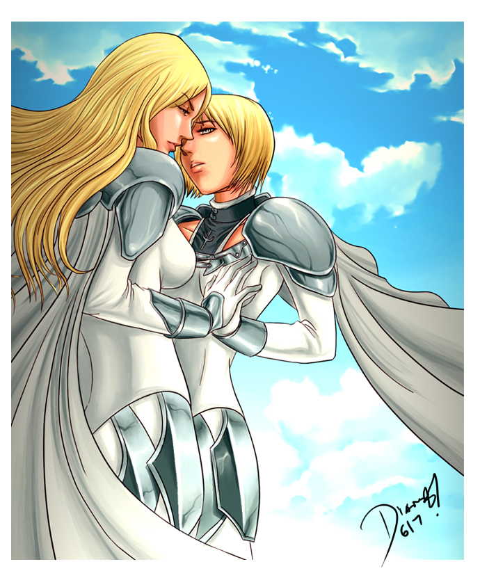 clare (claymore), teresa, claymore (series), 00s, 2girls, armor, armored dress, blonde hair, blue sky, border, cape, dated, day, dress, floating, gauntlets, grey eyes, multiple girls, short hair, shoulder pads, sky, upper body, wind, yuri