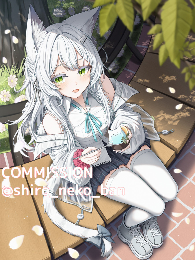 shironekoban, rosmontis (arknights), arknights, commentary request, commission, skeb commission, 1girl, animal ear fluff, animal ears, cat ears, cat girl, cat tail, collared shirt, green eyes, holding, jacket, long hair, official alternate costume, shirt, shoes, sitting, skirt, sleeveless, sleeveless shirt, solo, tail, thighhighs, white hair, white jacket, white shirt, white thighhighs