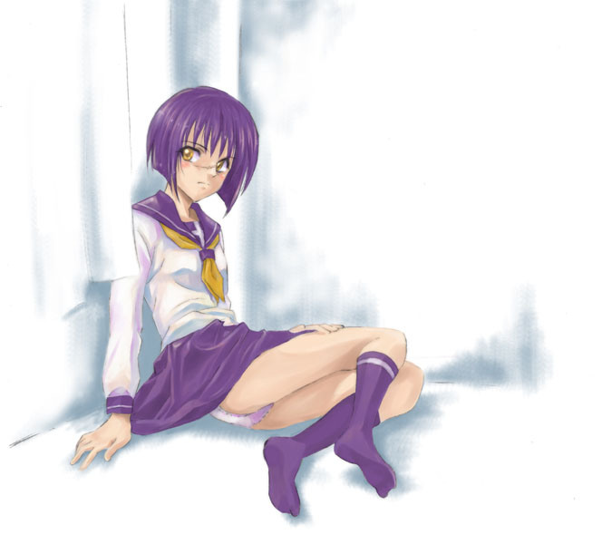 tsumura tokiko, busou renkin, 00s, blue hair, panties, scar, school uniform, serafuku, underwear, yellow eyes