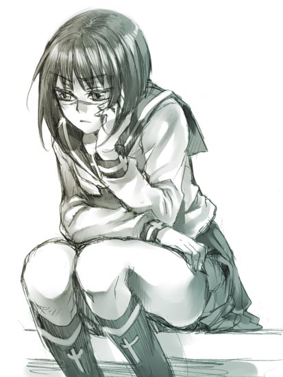 tenkuu sphere, tsumura tokiko, busou renkin, 00s, 1girl, bob cut, female focus, frown, green theme, monochrome, scar, school uniform, serafuku, sitting, sketch, solo