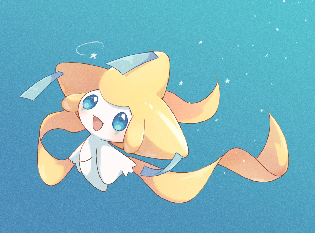 appyon (archangel ayp), jirachi, nintendo, pokemon, commentary request, 1girl, :d, blue background, blue eyes, full body, gen 3 pokemon, legendary pokemon, looking at viewer, mythical pokemon, no humans, open mouth, pokemon (creature), smile, solo