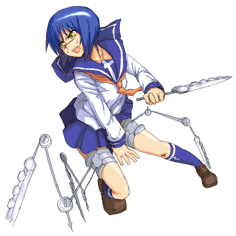 kurosho, tsumura tokiko, busou renkin, 00s, 1girl, blue hair, blue sailor collar, bob cut, cross, female focus, full body, long sleeves, open mouth, sailor collar, scar, scar on face, scar on nose, school uniform, serafuku, shoes, short hair, simple background, skirt, socks, solo, valkyrie skirt, weapon, white background, yellow eyes