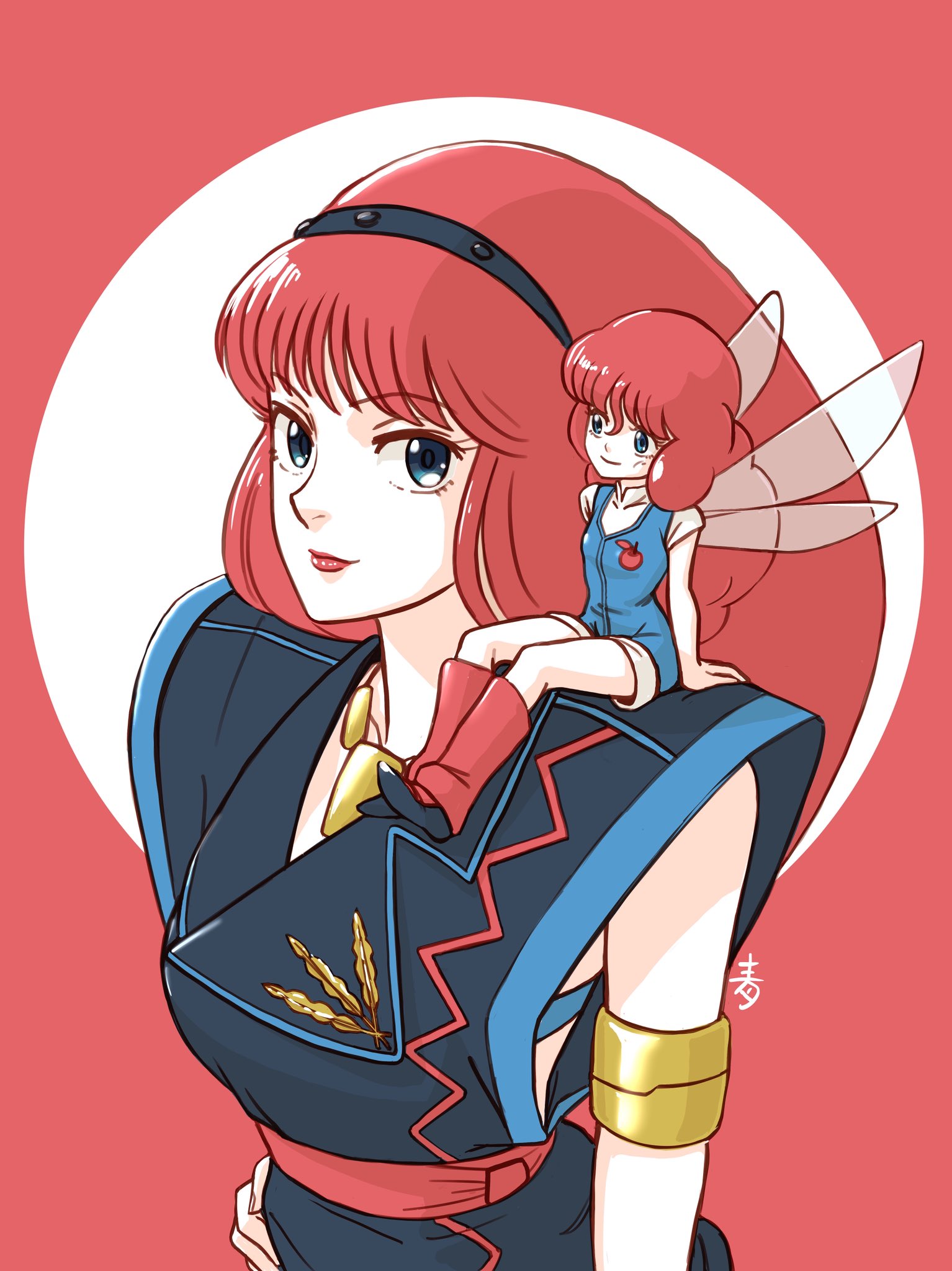 aobito sukoyaka bystander, gaw ha leecee, lilith fau, juusenki l-gaim, highres, 2girls, blue eyes, boots, breasts, fairy, fairy wings, hairband, jewelry, long hair, looking at viewer, multiple girls, red hair, short sleeves, sideboob, sleeveless, smile, underwear, wings