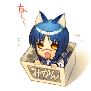 hiyohiyo, tsumura tokiko, busou renkin, lowres, 00s, 1girl, animal ears, blue hair, blue sailor collar, bob cut, box, cardboard box, cat ears, cat tail, female focus, in box, in container, sailor collar, scar, school uniform, serafuku, solo, tail, yellow eyes