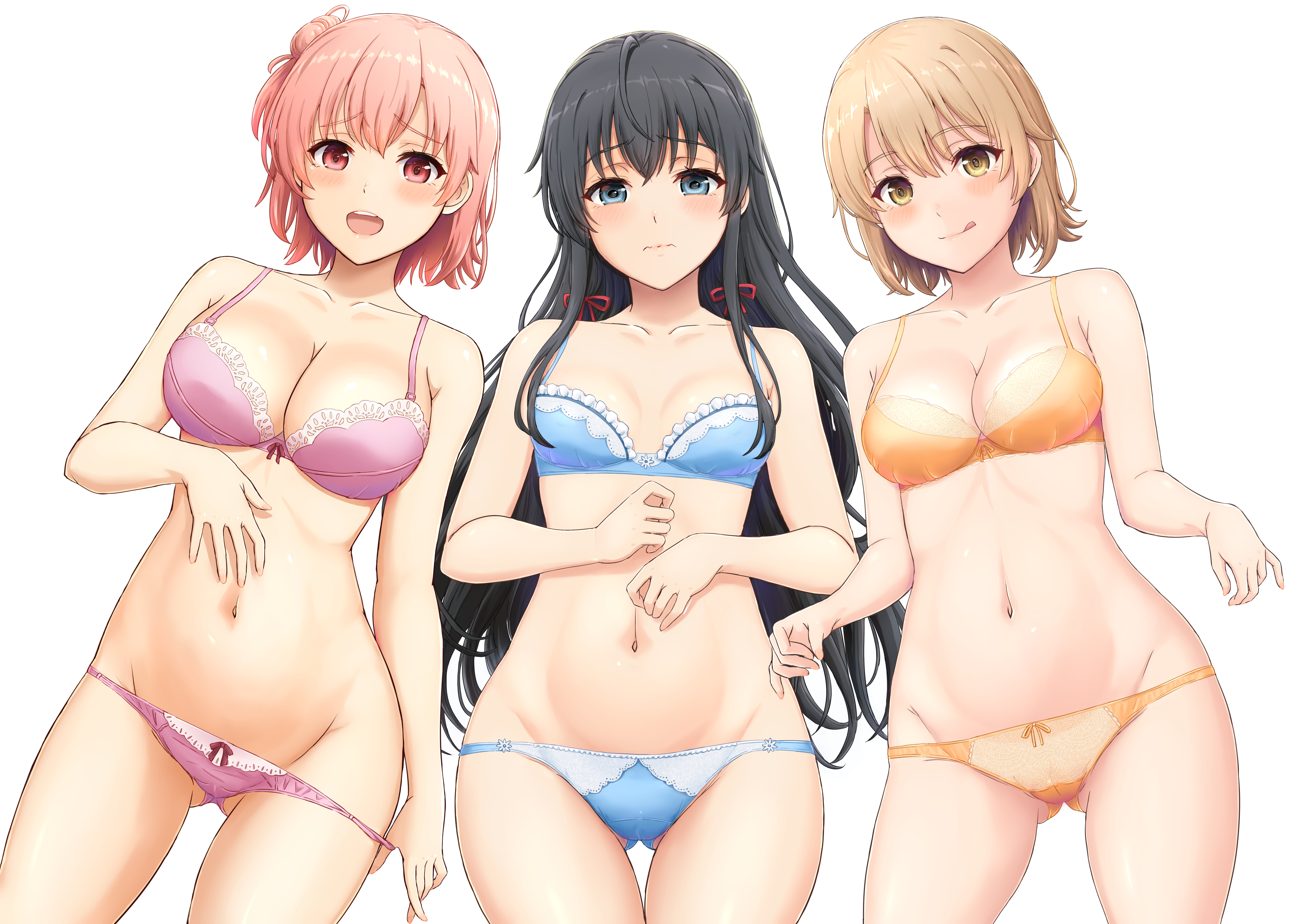 inanaki shiki, isshiki iroha, yuigahama yui, yukinoshita yukino, yahari ore no seishun lovecome wa machigatteiru., absurdres, commentary request, highres, 3girls, :q, black hair, blue bra, blue eyes, blue panties, blush, bra, breasts, brown hair, collarbone, cowboy shot, curtains, gluteal fold, groin, large breasts, long hair, looking at viewer, medium breasts, multiple girls, navel, open mouth, orange bra, orange panties, panties, panty pull, pink bra, pink hair, pink panties, raised eyebrows, red eyes, ribbon, short hair, shy, simple background, small breasts, stomach, thigh gap, thighs, tongue, tongue out, underwear, underwear only, very long hair, wavy mouth, white background, window, yellow eyes