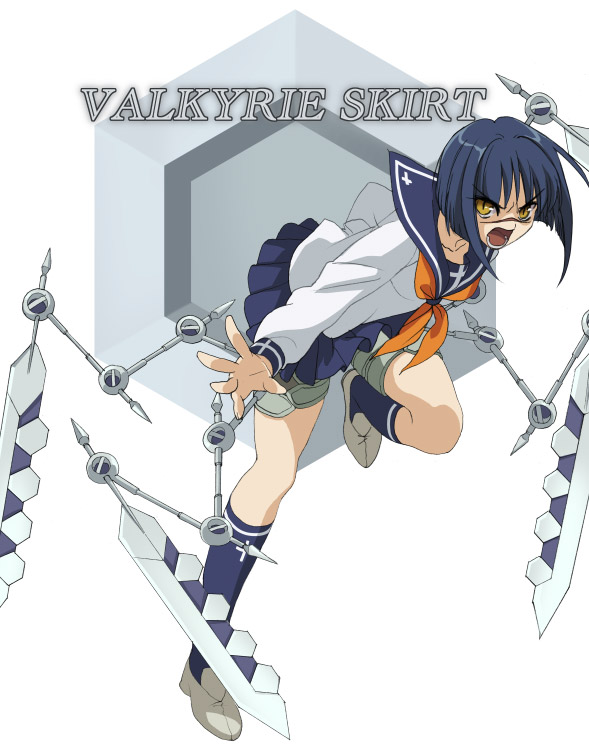 piyodera mucha, tsumura tokiko, busou renkin, 00s, 1girl, blue hair, blue sailor collar, bob cut, crazy eyes, female focus, sailor collar, scar, scar on face, scar on nose, solo, valkyrie skirt, yellow eyes