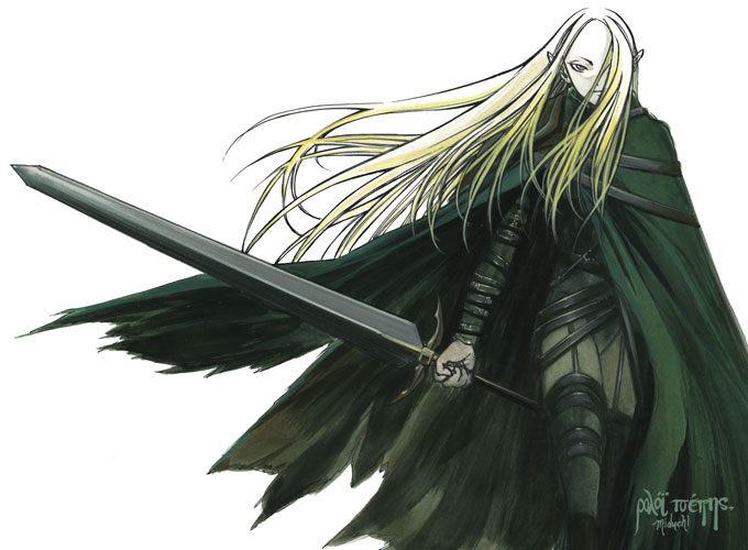 irene, claymore (series), 00s, 1girl, blonde hair, claymore (sword), cloak, female focus, grey eyes, holding, holding sword, holding weapon, long hair, one eye covered, pointy ears, solo, strap, sword, weapon, white background