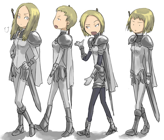 tea (nakenashi), clare (claymore), deneve, helen, miria, claymore (series), 00s, 4girls, armor, blonde hair, cape, claymore (sword), multiple girls, pteruges, sword, weapon