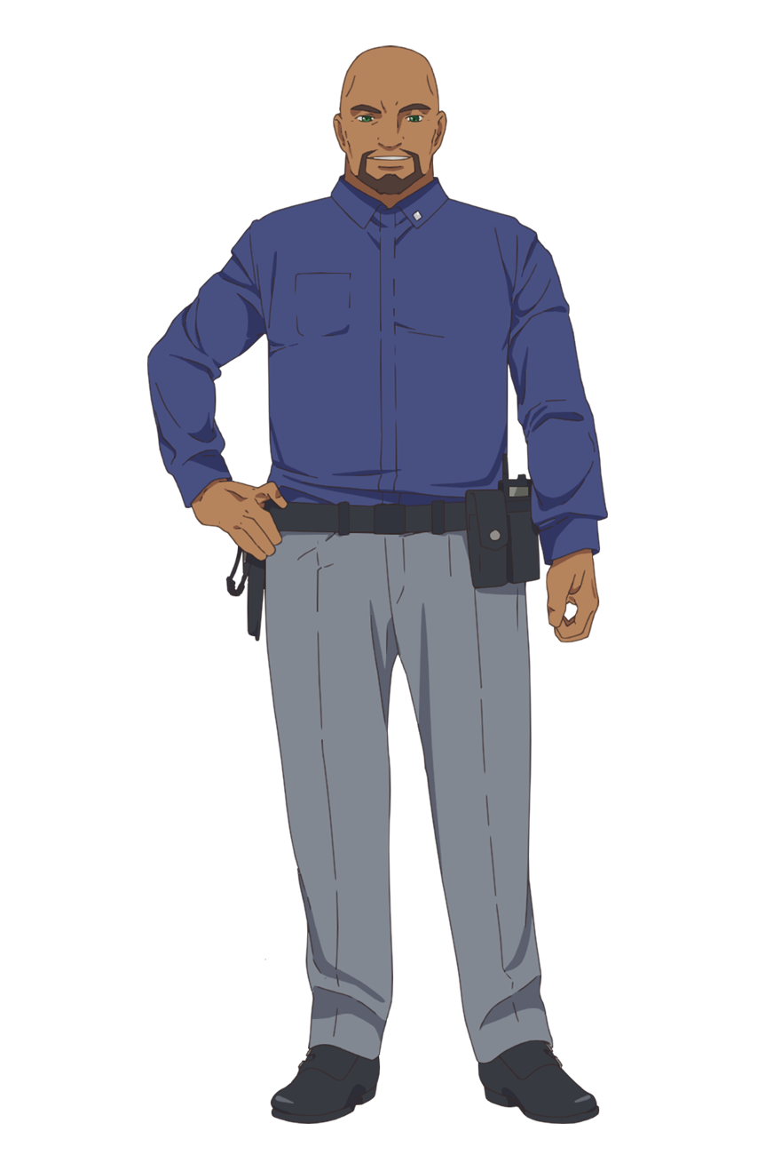 tsunako, miles morgan, engage kiss, highres, official art, 1boy, anime coloring, bald, beard, belt, belt pouch, black belt, black shoes, blue shirt, dark-skinned male, dark skin, facial hair, full body, green eyes, grey pants, hand on own hip, long sleeves, looking at viewer, mustache, open mouth, pants, pouch, shirt, shoes, simple background, smile, solo, standing, teeth, transparent background