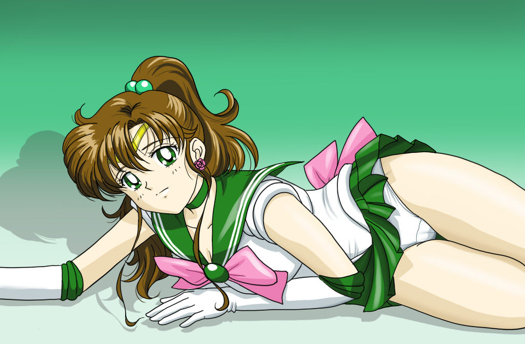 mr. r (2ch's sailor moon thread), kino makoto, sailor jupiter, bishoujo senshi sailor moon, 1990s (style), 1girl, asymmetrical bangs, back bow, bare legs, blush, bow, brown hair, choker, closed mouth, earrings, elbow gloves, female focus, gloves, gradient background, green background, green choker, green eyes, green sailor collar, green skirt, green theme, hair between eyes, hair bobbles, hair ornament, high ponytail, jewelry, long hair, looking at viewer, lying, magical girl, miniskirt, on side, panties, pink bow, pleated skirt, ponytail, retro artstyle, sailor collar, school uniform, serafuku, shadow, skirt, solo, underwear, white gloves, white panties