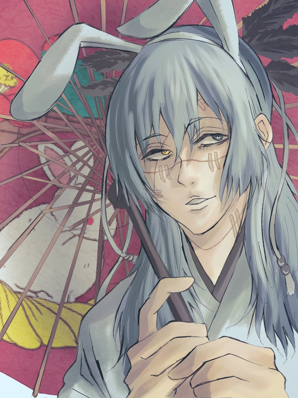 ivii3, mahito (jujutsu kaisen), jujutsu kaisen, highres, 1boy, alternate costume, animal ear hairband, animal ears, blue eyes, blue hair, fake animal ears, hair between eyes, hairband, heterochromia, holding, holding umbrella, japanese clothes, kimono, long hair, male focus, oil-paper umbrella, parted lips, rabbit, rabbit ears, solo, stitched face, stitches, umbrella, upper body, white hairband, white kimono, yellow eyes