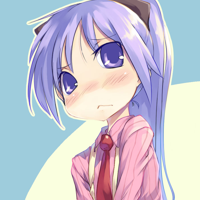 mikage sekizai, hiiragi kagami, lucky star, 00s, 1girl, :<, alternate hairstyle, blue eyes, blue hair, blush, female focus, matching hair/eyes, necktie, ponytail, purple eyes, purple hair, solo, wavy mouth