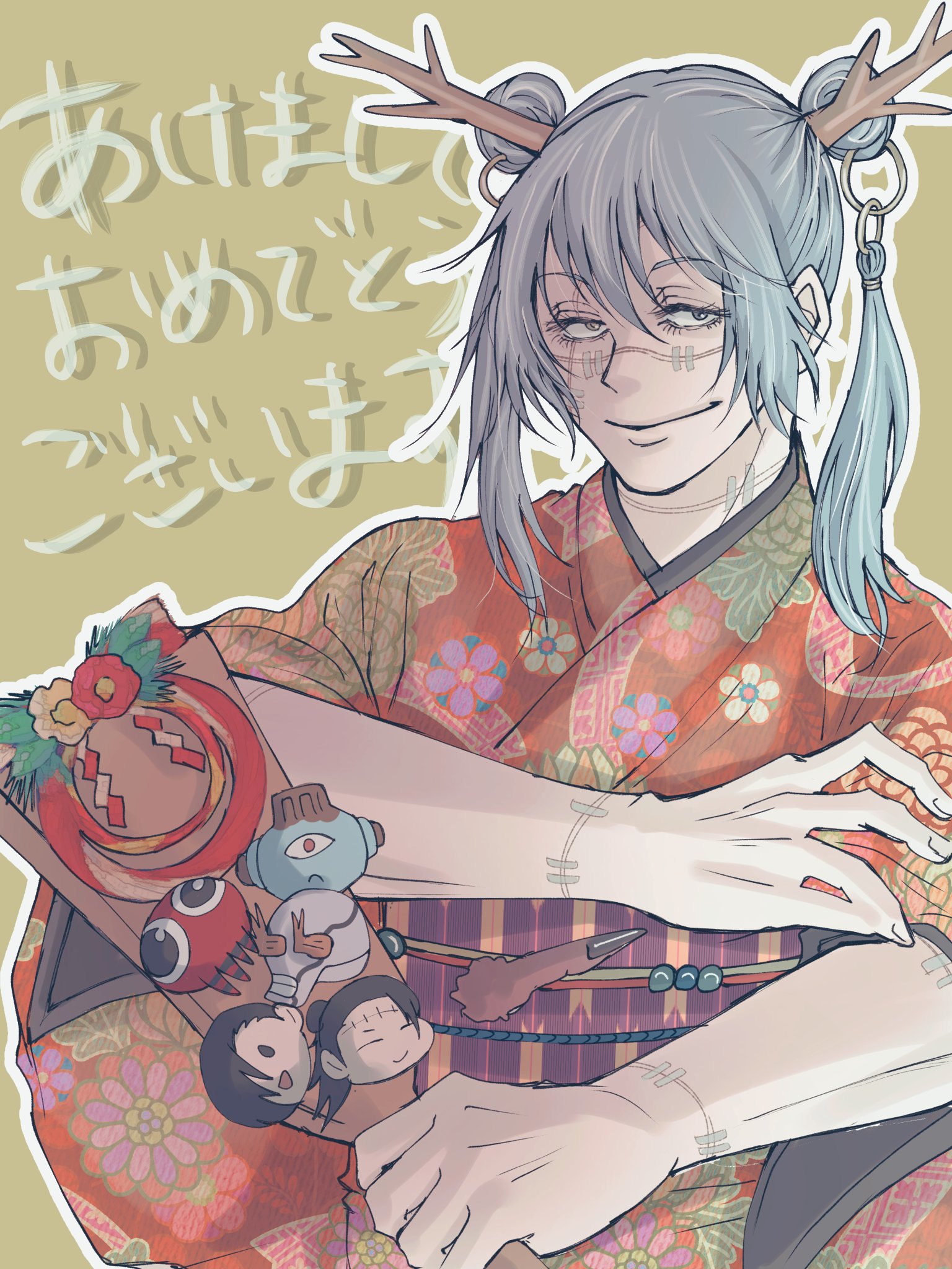 ivii3, mahito (jujutsu kaisen), jujutsu kaisen, highres, 1boy, alternate hairstyle, blue eyes, blue hair, bouquet, character charm, charm (object), detached hair, double bun, floral print, floral print kimono, flower, hair between eyes, hair bun, heterochromia, holding, holding bouquet, japanese clothes, kimono, long hair, male focus, obi, obijime, print kimono, sash, severed finger, smile, solo, stitched face, stitches, upper body, yellow eyes