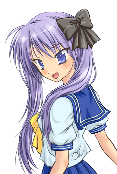 sandgarden, hiiragi kagami, lucky star, 00s, 1girl, :d, arms at sides, blue eyes, blue hair, blue sailor collar, blue skirt, bow, female focus, hair bow, matching hair/eyes, open mouth, pink hair, pleated skirt, puffy short sleeves, puffy sleeves, sailor collar, school uniform, serafuku, shirt, short sleeves, simple background, skirt, smile, solo, white background, white shirt