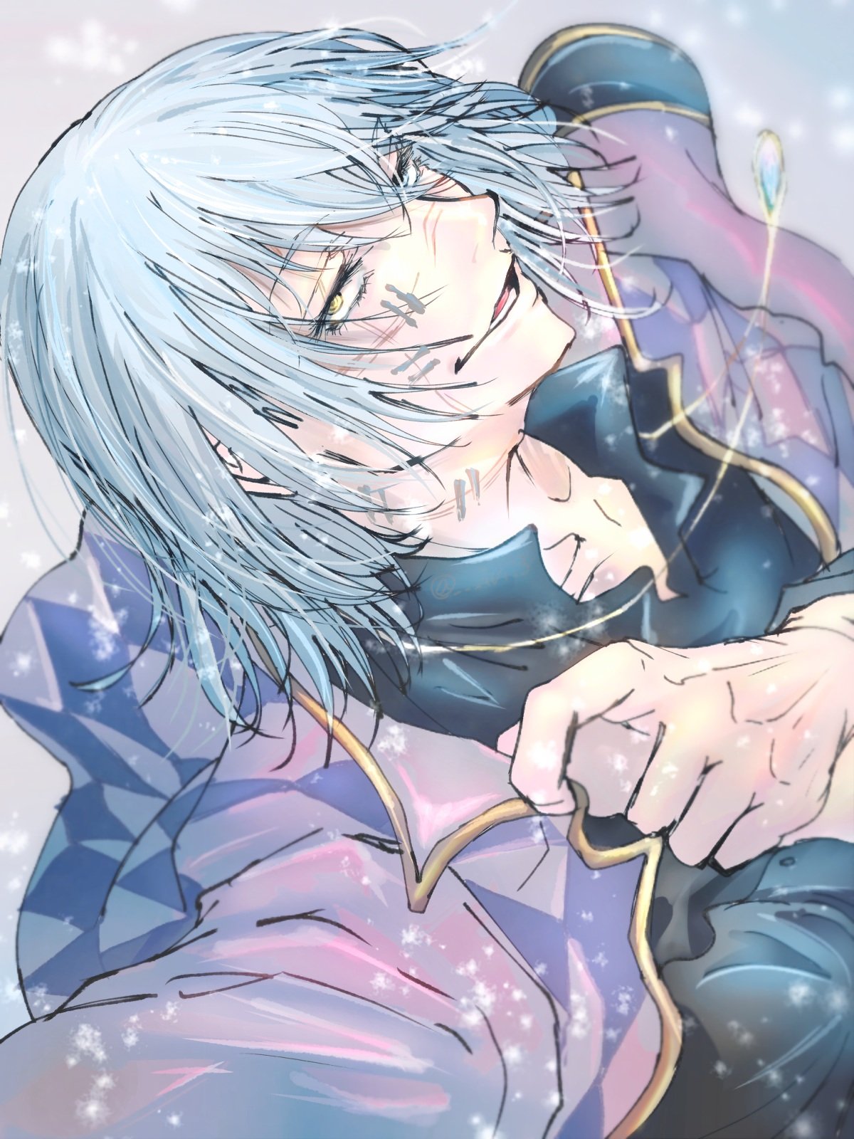 ivii3, mahito (jujutsu kaisen), jujutsu kaisen, highres, 1boy, alternate costume, alternate hair length, alternate hairstyle, blue eyes, blue hair, hair between eyes, heterochromia, jacket, male focus, medium hair, open clothes, open jacket, open mouth, solo, stitched face, stitched neck, stitches, upper body, yellow eyes