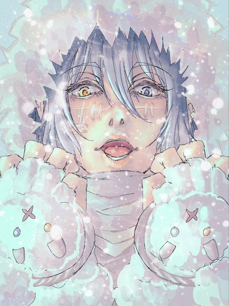 ivii3, mahito (jujutsu kaisen), jujutsu kaisen, 1boy, animal ear gloves, blue eyes, blue hair, eyelashes, fingerless gloves, fur-trimmed hood, fur trim, gloves, hair between eyes, heterochromia, hood, long hair, male focus, open mouth, portrait, solo, stitched face, stitches, yellow eyes