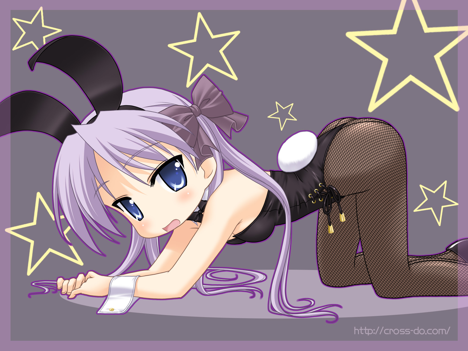 masakichi (crossroad), hiiragi kagami, lucky star, highres, 00s, 1girl, animal ears, blue eyes, blue hair, fake animal ears, female focus, fishnet pantyhose, fishnets, leotard, long hair, matching hair/eyes, pantyhose, playboy bunny, purple hair, rabbit ears, solo, twintails, wrist cuffs