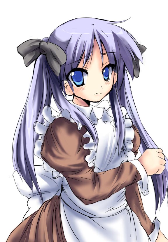 ryokushiki (midori-ya), hiiragi kagami, lucky star, 00s, alternate costume, blue eyes, blue hair, enmaided, maid, solo