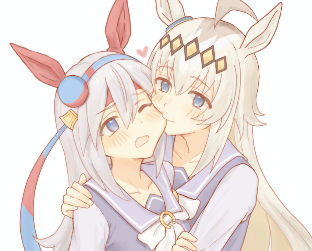 oguri cap (umamusume), tamamo cross (umamusume), umamusume, 2girls, ahoge, animal ears, biting, biting cheek, blue eyes, blue hairband, blush, bow, closed mouth, collarbone, ear covers, ear ornament, fang, grey hair, hair between eyes, hair ornament, hairband, headband, heart, horse ears, horse girl, long hair, long sleeves, multicolored hair, multiple girls, open mouth, purple sailor collar, purple serafuku, purple shirt, red headband, sailor collar, sailor shirt, school uniform, serafuku, shirt, simple background, smile, striped clothes, striped hairband, taa in1, tracen school uniform, upper body, very long hair, white background, white bow, yuri