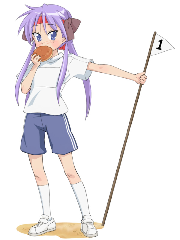 takahashi ren, hiiragi kagami, lucky star, 00s, anpan, blue eyes, blue hair, eating, food, full body, gym uniform, kneehighs, shoes, simple background, socks, solo, standing, white background, white shoes, white socks