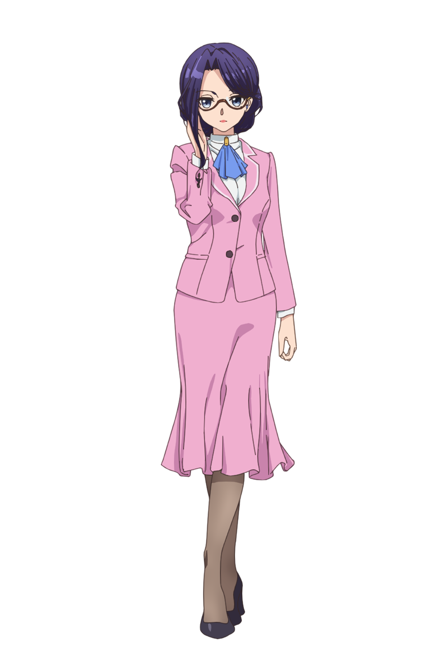 tsunako, hachisuka shenhua, engage kiss, highres, official art, 1girl, anime coloring, ascot, black shoes, blue ascot, blue eyes, breasts, curtained hair, full body, glasses, grey pantyhose, hand in own hair, hand up, high heels, jacket, lips, long sleeves, looking at viewer, medium breasts, pantyhose, pink jacket, pink skirt, purple hair, semi-rimless eyewear, shirt, shoes, simple background, skirt, solo, standing, transparent background, white shirt
