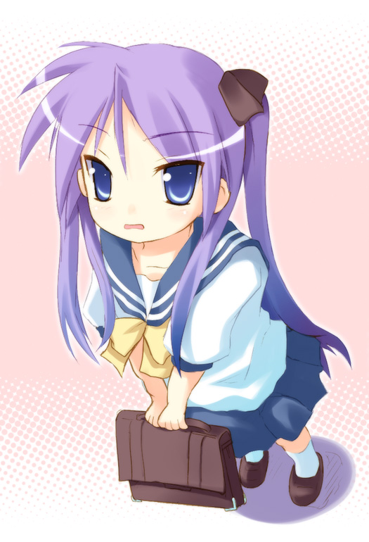 safi, hiiragi kagami, lucky star, eyebrows, 00s, 1girl, :d, blue eyes, blue hair, briefcase, collarbone, female focus, full body, loafers, looking at viewer, matching hair/eyes, open mouth, pink background, puffy short sleeves, puffy sleeves, sailor collar, school briefcase, school uniform, serafuku, shoes, short sleeves, simple background, smile, solo, v arms