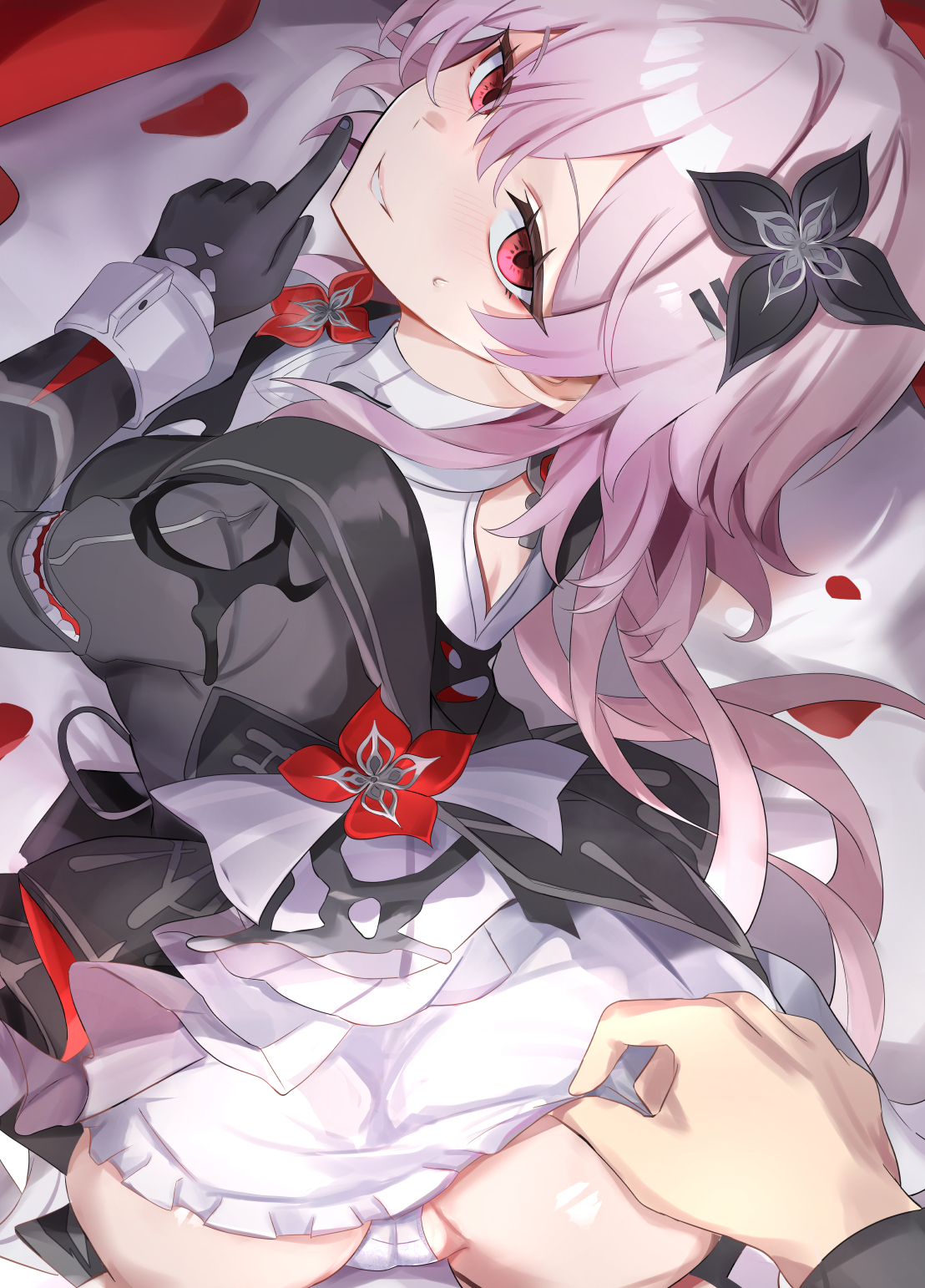 tomas (kaosu22), evernight (honkai: star rail), march 7th (honkai: star rail), honkai: star rail, honkai (series), commentary request, highres, paid reward available, 1boy, 1girl, all fours, ass, back cutout, black dress, black flower, black gloves, breasts, clothes lift, clothing cutout, dress, dress lift, finger to mouth, flower, from behind, gloves, grin, hair flower, hair intakes, hair ornament, hairclip, light blush, long hair, looking at viewer, looking back, medium breasts, official alternate costume, official alternate hairstyle, on bed, panties, parallel hairclips, petals, petticoat, pink eyes, pink hair, pov, pov hands, red flower, rose petals, shiny skin, shushing, slime (substance), smile, sweat, teeth, turtleneck, underwear, very long hair, white panties, white wrist cuffs, wrist cuffs